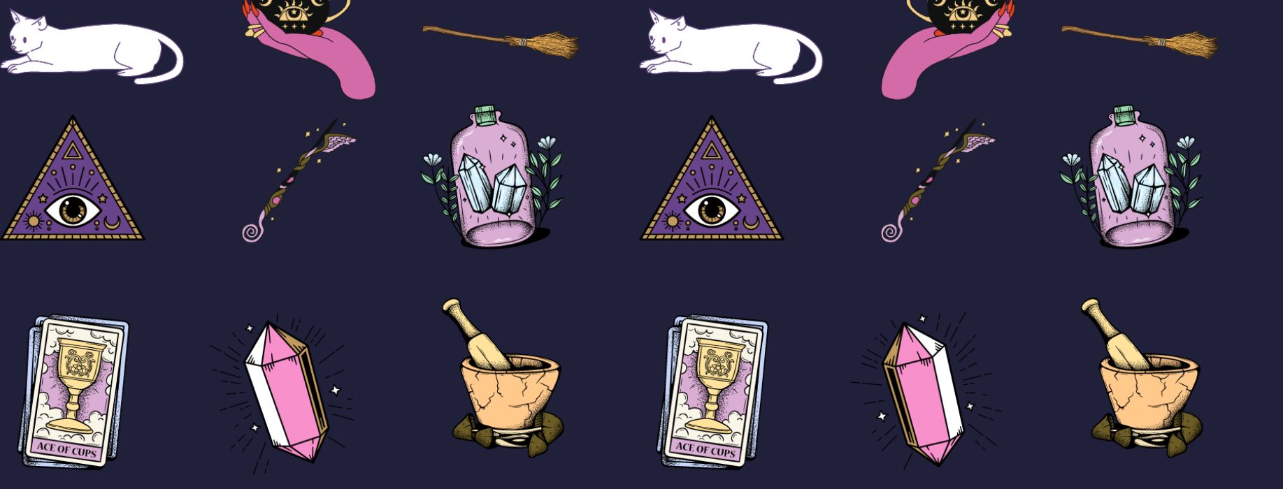 indigo background with small occult icons like cats, mortar and pestles, tarot cards, candles
