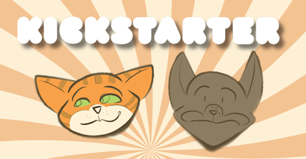 peach colored background with white Kickstarter logo; illustrated Ollie and Gus heads by Lane Lloyd