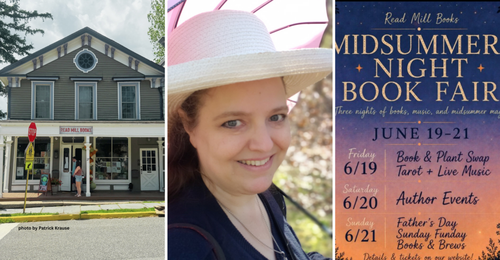 front of the shop by Patrick Krause; Amber Love holding a parasol and wearing a white hat; sunset colors of the event schedule