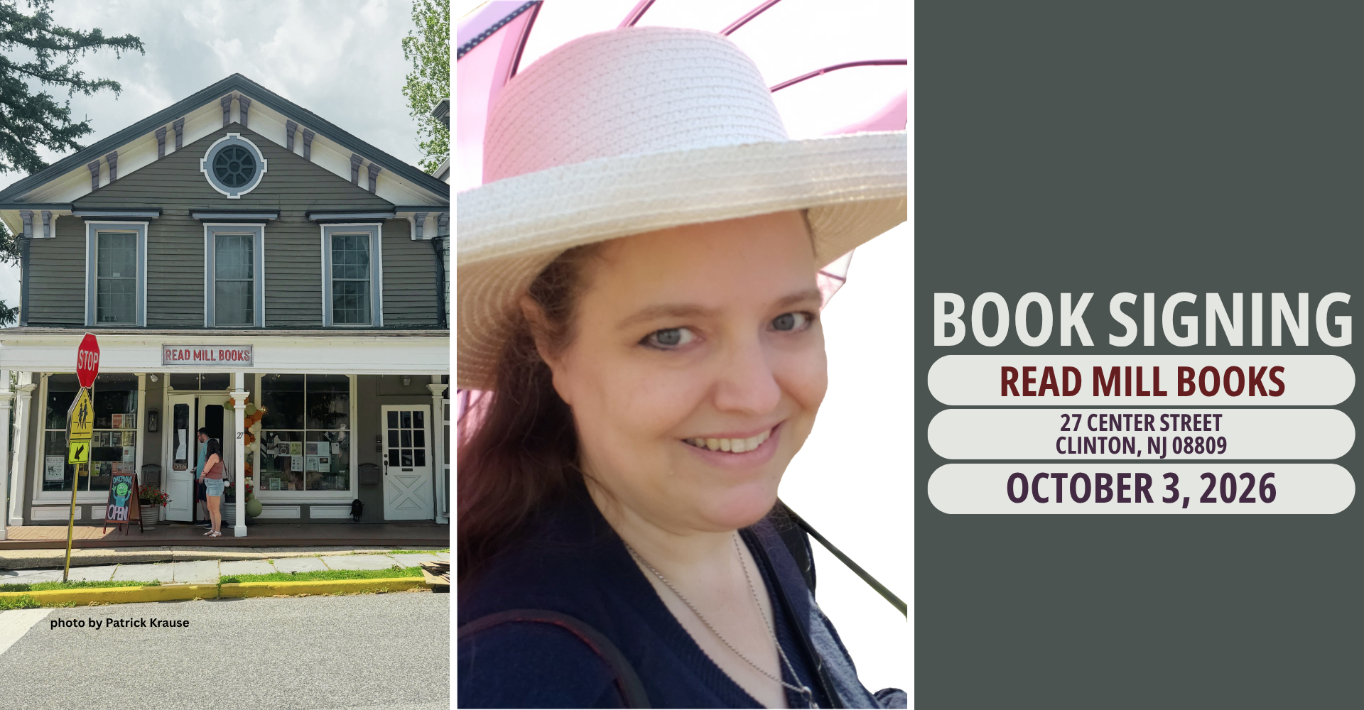 left: the front of the Read Mill Books shop center: Amber Love right: address